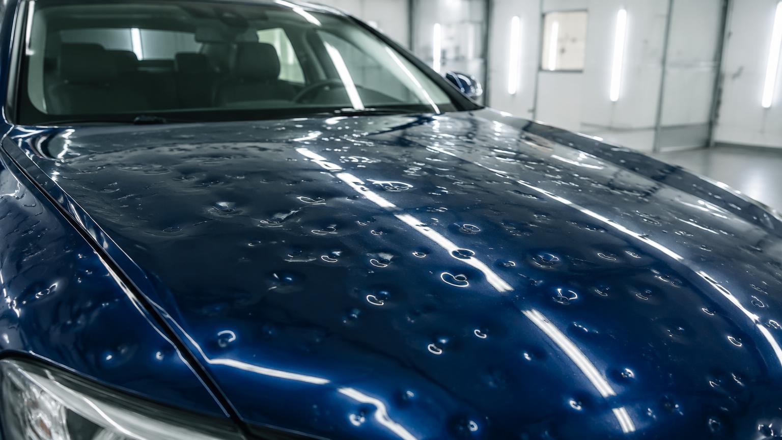 Vehicle covered in hail dents being scanned by an AI inspection arch.