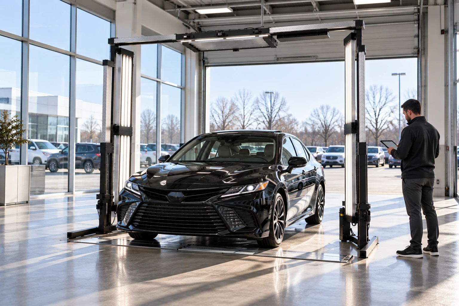Vehicle passing through a LumaScanner inspection arch in a showroom