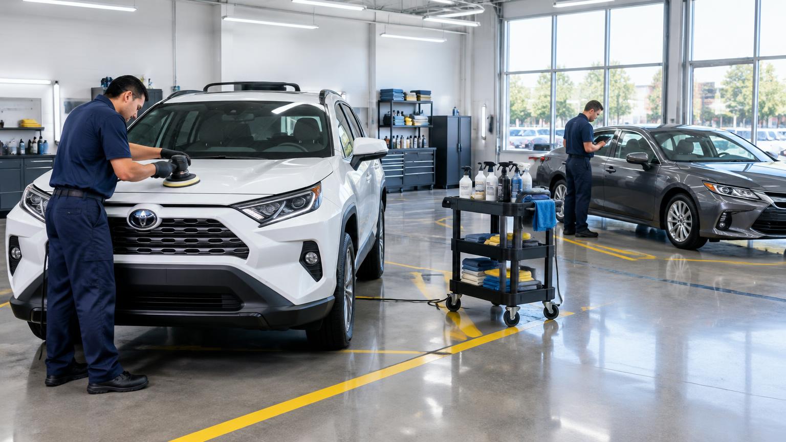 Used vehicle entering a dealership reconditioning bay through an AI inspection scanner.