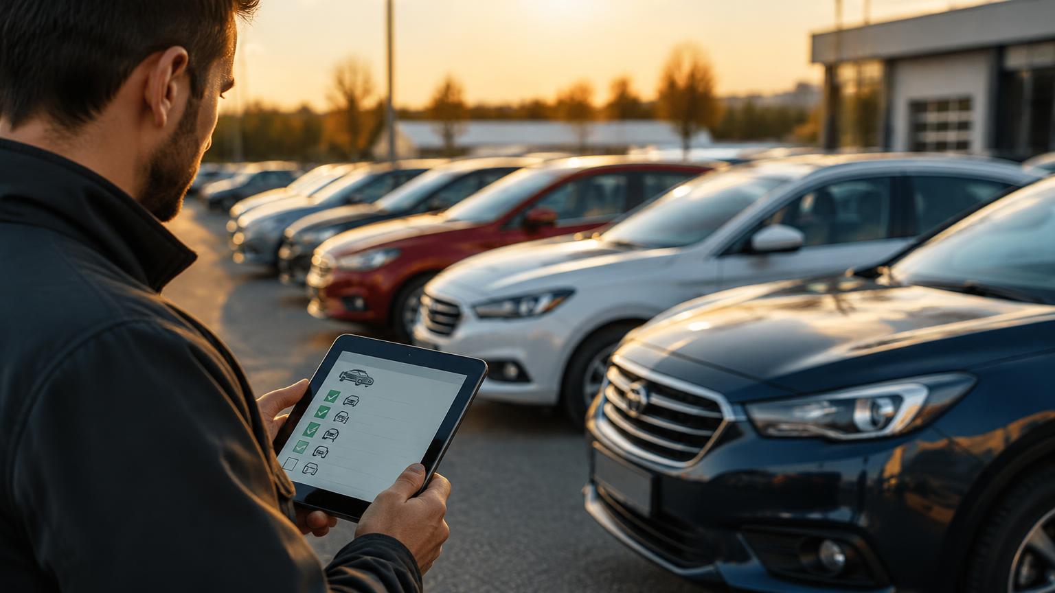Row of used cars on a dealership lot being graded with consistent AI inspection reports.