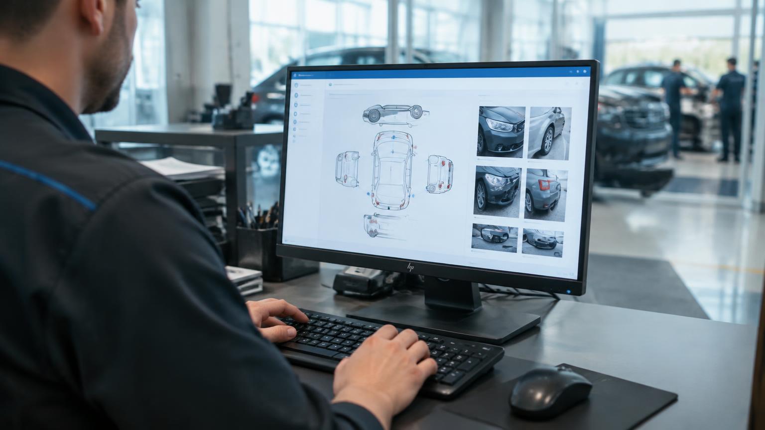 LumaScanner damage findings syncing into a dealership management system on a service desk monitor.